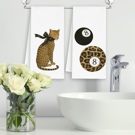 Dimurela Leopard Preppy Disco 8 Ball Kitchen Towels Set of 2,Cheetah Hand Towels Decor for Bathroom Girly Room, Bow Coquette Dish Towel,Trendy Funky Tea Bar Waffle Towel for College Dorm Girls 16x24in