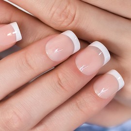 IKISKT Press on Nails Medium Square, Spring Handmade Jelly Gel Nails Polish Glue on Nails, 24Pcs Reusable UV Finish Fake Nails Acrylic Soft UV Gel False Nails Manicure Kits for Women Girl, Pink Nude