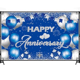 6x3.6ft Happy Anniversary Backdrop,Blue and Silver Happy Wedding Anniversary Party Banner Decorations Supplies Photo Booth Props (Blue and Silver -H)