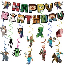Pixel Birthday Decoration Boys, 13-Piece Pixel Birthday Banner Set with Pixel Miner Theme Elements, Birthday Decoration for Theme Parties, 12 Swirls and 1 Banner for Children's Birthday