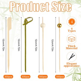 Akamino 1200 Pcs 4 Style Cocktail Picks, 4.7 In Bamboo Appetizer Skewers,Wooden Fancy Toothpicks Cocktail Skewers Bulk for Drink Charcuterie Snacks BBQ Party Decoration