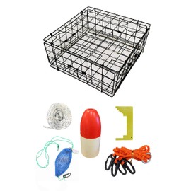 KUFA Sports Vinyl Coated 24"x24"x12" Crab Trap & Accessory Kit (100' Non-Lead Sinking Rope, Caliper,Harness,Bait Case & 13" Red/White Float) S60+CAS34