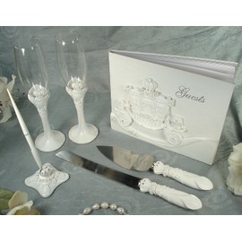 4 Piece Carriage Design Bridal Accessory Set. Guest Book, Toasting Flutes, Cake Set and Pen Set