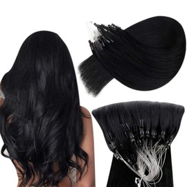 Hetto Micro Link Hair Extensions Human Hair Black Straight Micro Beads Hair Extensions Jet Black #1 Human Hair Micro Ring Hair Extensions 16 Inch 50g 50 Strands
