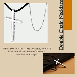 Hactnion Leather Cross Necklace for Men, Silver Large Cross Pendant with Bible Verse, 24'' Black Leather Rope and 28'' Black Stainless Steel Chain