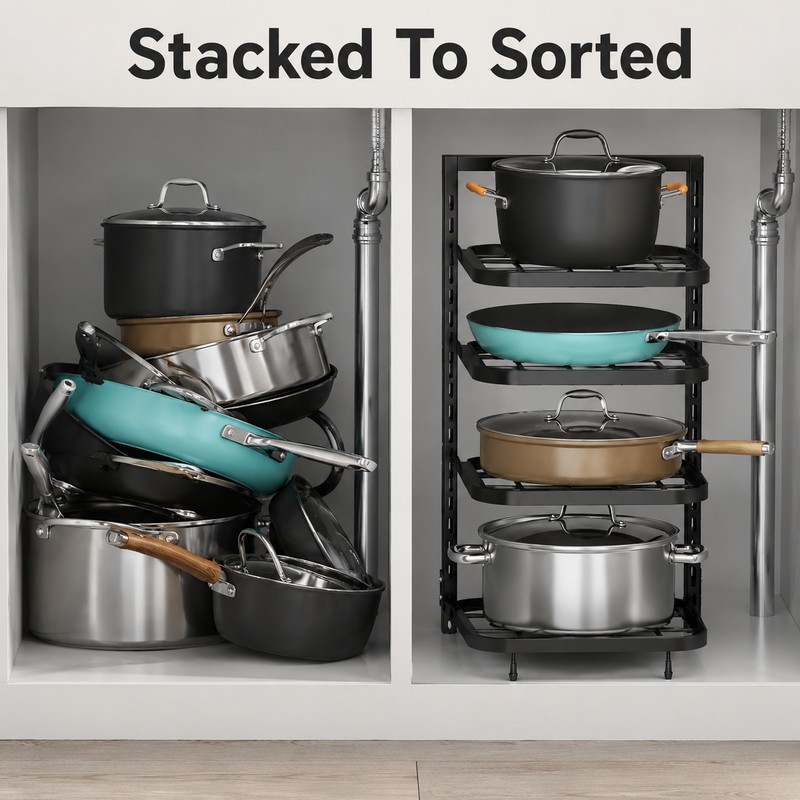4-Tier Adjustable Pot Rack Organizer – Metal Kitchen Cabinet Shelf