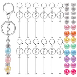 DXGSHSA 62pcs Beadable Keychains Set, DIY Blank Beadable Bars with Silicone Spacer Beads, Keychain Beads Supplies for DIY Crafts Jewelry Making Gift(Silver)