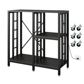 METYERRY Adjustable Kitchen Bakers Rack with Power Outlet,4-Tier Microwave Stand Kitchen Cart,Mini Fridge Stand with Storage,Bar Cabinet,Suitable for Office,Coffee Bar,Living Room,Patio, Black