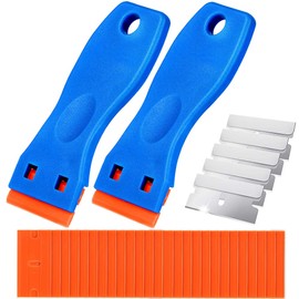 GUUZI Blue Double-Edged Plastic Razor Blade Scraper with Contoured Handle for Scraping Labels of Glass, Windshields, Vinyl Tool (25 Pieces Plastic Blades + 5 Pieces Metal Blades)