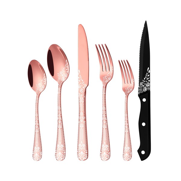 EUIRIO 24 Pieces Copper Silverware Set with Steak Knives, Rose