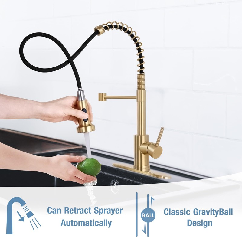 DJS Kitchen Faucets with Pull Down Sprayer Brushed Gold -Single
