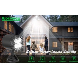 Woenergy Motion Sensor Outdoor Lights Battery Powered, Waterproof Battery Operated Outdoor Lights, 6000K LED Spotlight Outdoor, 8W 600 LM Security Lights for Outside Garage and Yard (2 Packs)