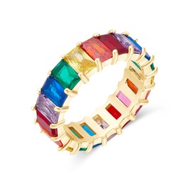AFFY Eternity Rainbow Ring - 18K Yellow Gold Plated, Emerald-Cut Multi Color AAA Created-Gemstone Rainbow Ring, Stackable Wedding Band for Women (Size 6)