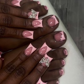 48Pcs Pink French Tips Press on Toenails Short Duck Press on Nails with Rhinestones Butterfly Charm Design Glossy Glitter Fake Toenails Full Cover Nails Summer False Nails for Women Girls Manicure