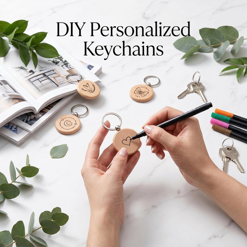 50 Pieces Wood Keychain Blanks, Unfinished Wooden Keychain Blanks for