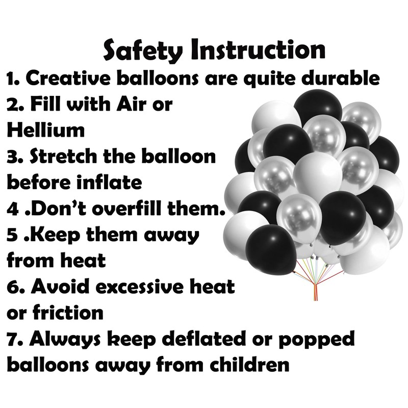 12" Latex Vibrant White, Black, Silver Colour Combination Plain Balloons