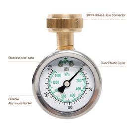 Watflow 2" Glycerin Filled Stainless Steel Water Pressure Test Gauge, Garden Hose Pressure Gauge, House Water Pressure Gauge, 3/4" Female Hose Thread, 0-200 psi/kpa