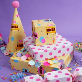 BIOBROWN Reversible Ice Cream Wrapping Paper for Kids Girls - 17 Inch X 33 Ft - Ice Cream Truck & Polka Dot Design Birthday Gift Wrap Paper for Bday Party Holiday Favor