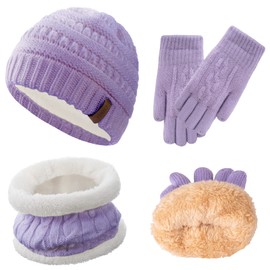 Girls Winter Hat Scarf Gloves Set for Cold Weather, Kids Beanie Hat Infinity Scarf Knitted Gloves Sets Purple Knit Thick Warm Fleece Lined Thermal Set for 10-14 Years Old Boy Baby Toddler Children