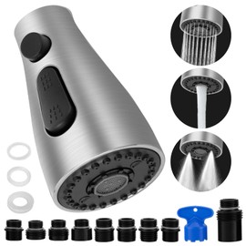 Kitchen Faucet Sprayer Head Nozzle,3 Function Modes,Pull Down Kitchen Sink Faucet Spray Head,9 Adapters Faucet Head Replacement Part Compatible,Aerator Detachable,Brushed Nickel