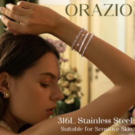 ORAZIO 4Pcs Silver Pearl Bracelet for Women Stainless Steel Pearl Bracelet Waterproof Layered Stretch Bead Paperclip Chain Bracelets Stainless Steel Silver Jewellery Set for Women A