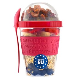 Tribello On the Go Yogurt Parfait Cups with Lids, Topping Compartment & Spoon, Parfait Cups for Breakfast Meal Prep, Reusable Leak Proof Yogurt Container - BPA Free - 20oz - Red (1)