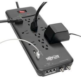 Tripp Lite Tripp Lite TLP128TTUSBB 12 Outlet Surge Protector Power Strip, 2 USB Charging Ports, Tel/Modem/Coax Protection, 8ft Cord Right Angle Plug, Black, Lifetime Insurance & $150K Insurance