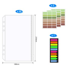 A5 Binder Bags Set, Includes 30 x 6 Holes Binder Zip, Waterproof Zip Loose Leaf Folder with Stickers, Budget Envelopes for Documents, Notebooks, Cards, Cash, Photos
