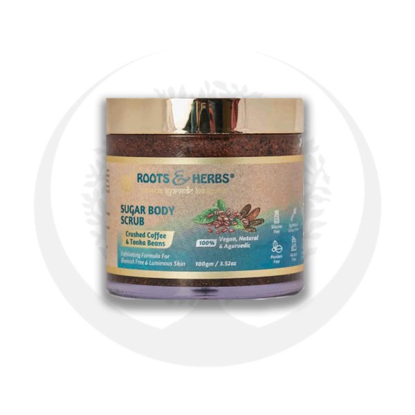 ROOTS AND HERBS Sugar Body Scrub - Crushed Coffee and Tonka Beans -Exfoliating Scrubs for Women - Exfoliator Lip Scrub, Sugar Scrub, Face Scrub, Exfoliating Body Scrub, Scrubs for Men, Foot Scrub