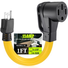 5-15P to 14-50R EV Charger Adapter Cord Compatible with Nema 110V 15A 3 Prong Male to 50A 4 Prong Female Power Cord with Handle for Level 1 EV Charging, STW 10 AWG/3C, 1FT, ETL Listed