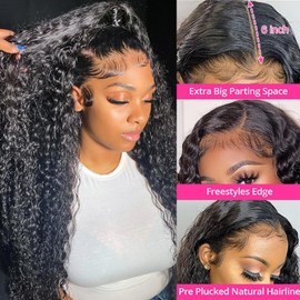 KVFCT 34 Inch Deep Wave Frontal Wig 13x6 HD Transparent Lace Front Wigs Human Hair Deep Wave Glueless Curly Human Hair Wigs for Women Pre Plucked Deep Wave Wig with Baby Hair