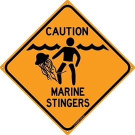 Caution Marine Stingers - Cartel de lata divertido de 30,5 x 30,5 cm para hombre, medusa de guerra, precaución, playa, hogar, piscina, casa, cubierta, decoración Tiki