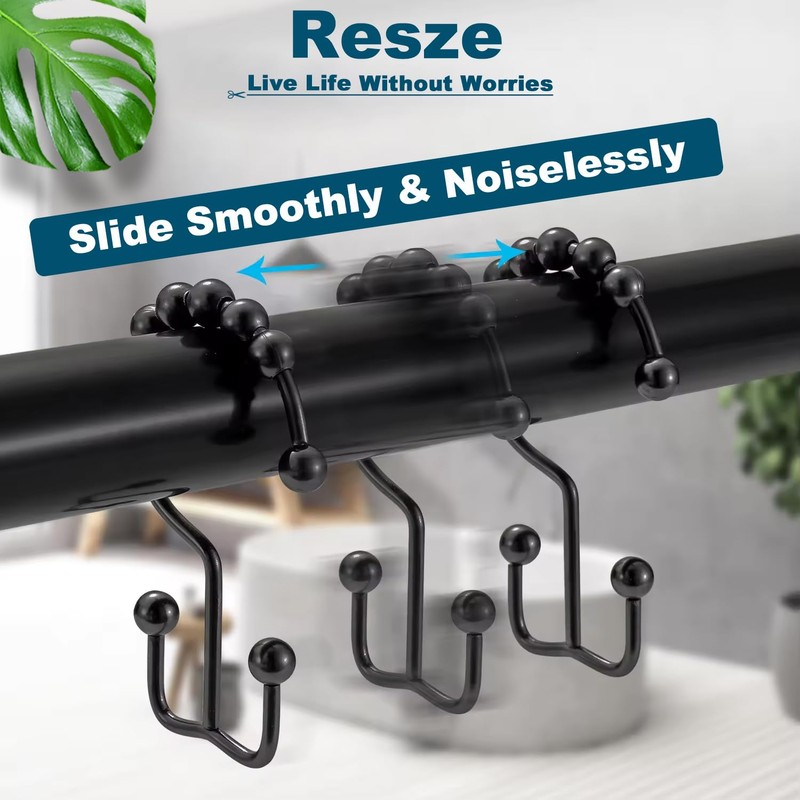 Resze 12 PCS Black Plastic Double Shower Curtain Hooks, Multi-Functional