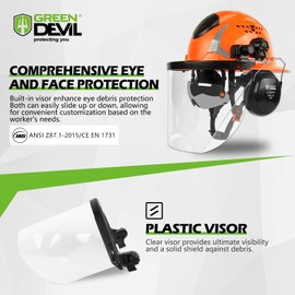 GREEN DEVIL Industrial Chainsaw Helmet with Face Shield Built in Visor and Ear Muffs 4 in 1 System ANSI Z89.1 Safety Hard Hat Adjustable Headgear Ideal for Forestry and Arborist Work Full Brim Style