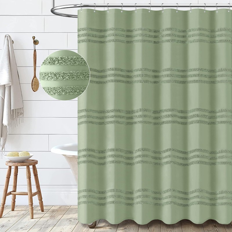 Dynamene Sage Green Fabric Shower Curtain, Tufted Chenille Striped Textured