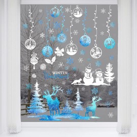 Mfault Christmas Snowflake Winter Wonderland Window Clings 9 Sheets, Xmas Tree Reindeer Snowman Decal Stickers Bedroom Decorations, Elk Snowball Holiday Home Kitchen Living Room Decor