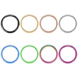 BOGKU 8pcs Titanium Nose Ring Hoops Septum Hinged Nose Rings 16G Diameter 12mm Black/Silver/Gold/Rose Gold/Pink/Blue/Green/Rainbow Cartilage Conch Helix Rook Hoop Earrings (16 Gauge 12mm)