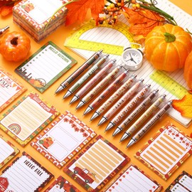 Eaasty 48 Pcs Fall Party Favors Autumn Notepad with Thanksgiving Pens Set 24 Maple Leaf Notebook 24 Pumpkin Ballpoint Pen Fall Thanksgiving Gifts Bulk for Student Classroom Office Stationery Supplies
