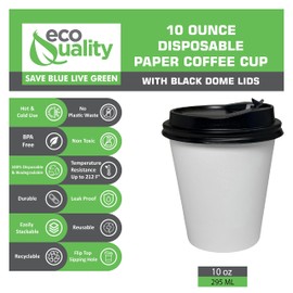 EcoQuality White Hot Drink Paper Cups 10 oz with Black Dome Lids - Disposable Paper Coffee Cups, Recyclable, Compostable, Office, Breakrooms, Restaurants, Coffee Shops, Tea Shops, Latte, Chai (150)