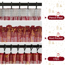 MRTREES Christmas Curtains Ruffle Tape Curtains Red with Golden Christmas Tree Curtain 160 cm Long 140 cm Wide Curtains Short for Living Room, Children's Room, Store, Kitchen, Set of 2