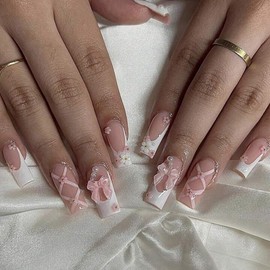 YEFIUO Press on Nails Medium Square 3D Bow-Knot Pearl Flowers Nail Charms Nail Tips Acrylic Nail Kit Pink Fake Nails Press ons White French Nail Art Glue on Nails Full Cover False Nails for Women