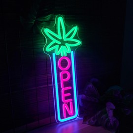 Green Leaf Neon Sign Dimmable Open Neon Lights for Wall Decor LED Neon Sign by USB Powered LED Neon Open Sign For Dispensary Beer Bar Man Cave Coffee Store Hotel Wall Party Decorations 16.8''x7''