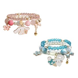 Matching Bracelets Set Cinnamoroll Crystal Beads Bracelet Cute Cartoon Elastic Beaded Pearl Bracelets Christmas Stocking Stuffers for Women Friendship Jewelry (Pink Blue)