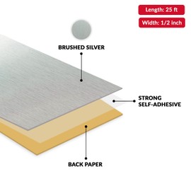 Brushed Silver PVC 1/2 inch x 25 ft Edge Banding Peel Stick Tape Adhesive Metal Edging Veneer Aluminum Trim Flexible Strip Molding Mdf Wood Cabinet Laminate Shelf Furniture Countertop Formica Plywood