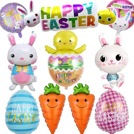 Oversized Easter Balloons 10 Pcs Easter Foil Helium Balloons for Kids, Easter Party Decorations Easter Bunny Rabbit Chick Easter Eggs Helium Balloons