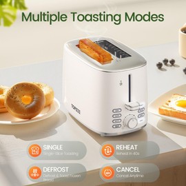 Topzee Toaster 2 Slice, Wide Slot for Toasting Bagel Muffin Waffle Gluten Free Breads, 7 Shade Settings, Defrost & Reheat, Stainless Steel, Easy Clean, White
