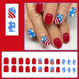 Independence Day Press on Nails Short Square Fake Nails American Flag Full Cover Glue on Nails Star Red White Striped Design Patriotic False Nails 4th of July Acrylic Nails for Holiday Manicure 24Pcs