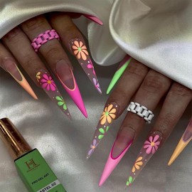 SINHOT Stiletto Press on Nails Long - Pink Green French Tip Fake Nails Matte Glue on Nails Acrylic Nail Supplies Almond Artificial Nail Art Summer Flower Stick on False Nails with Design DIY 24 pcs