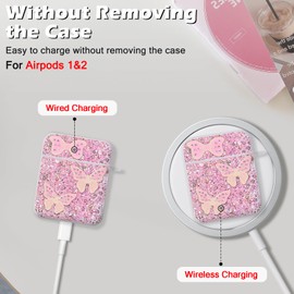 Glitter Case for Airpods 1st&2nd Generation Cover with Pearl Bracelet Keychain,Sparkle Gold Butterfly Design for Women Girls Soft TPU Protective Shockproof Case Cover for Airpods 1/2-Pink