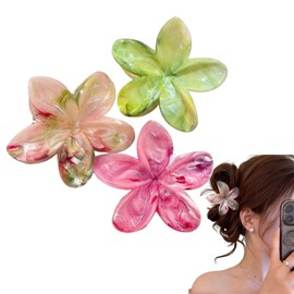 Set of 3 Large Hawaiian Flower Hair Clips 3 Colours - Pink, Pale Pink and Green Bohemian Chic Hair Accessories for Women - Ideal for Beach Hairstyles, Parties and Weddings Suitable for Thick Hair